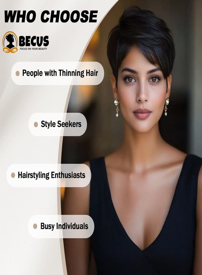 BECUS Pixie Cut Hair Toppers for Women with Bangs, Clip-On Hairpieces, Wig Toppers for Thinning Hair, Synthetic Black Hairs Pieces for Black Women, Daily Use (Black) - Image 3